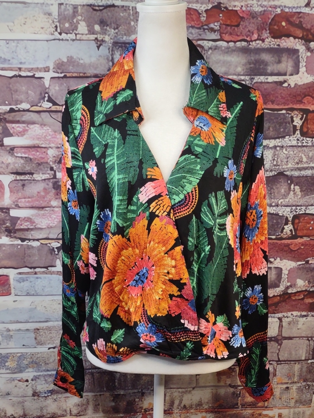 Rachel Zoe Black Floral Wrap Blouse with Orange & Green Blooms